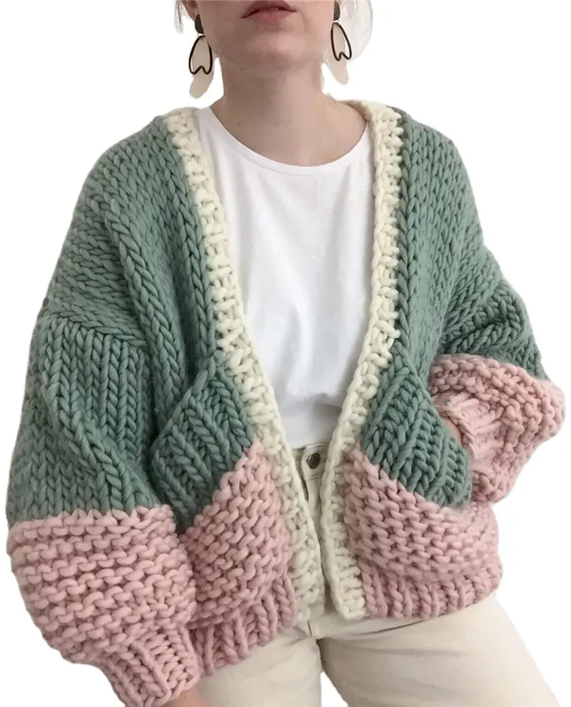 Musim Dingin Musim Gugur Tebal Knit Sweater Warna Kontras Longgar Sweater Wanita Cardigan