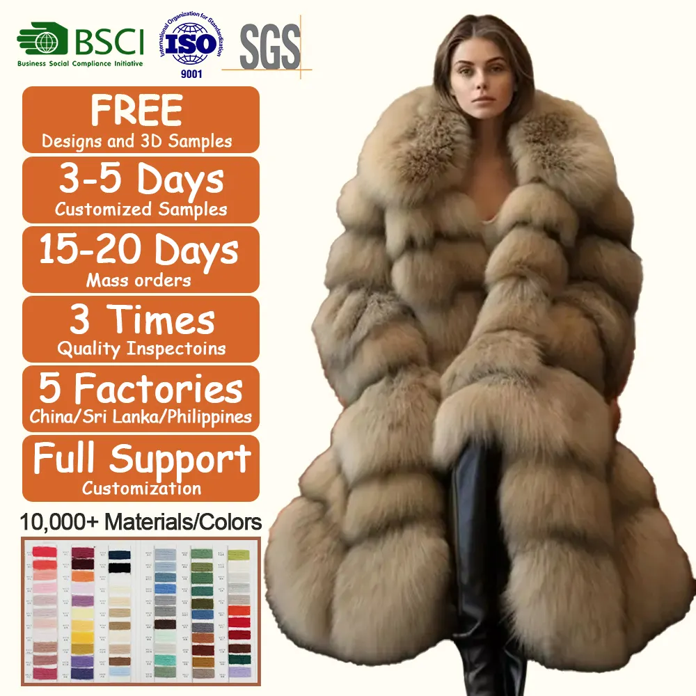 Özel giyim üreticileri sıcak satış kış kadın ceket büyük kabarık gerçek tilki kürk ceket bayanlar uzun palto haki kürk parka