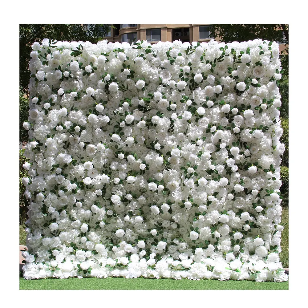 Kunstmatige Faux Witte Roos Bloem Bladeren Paneel Achtergrond Groen Blad Verlaten Roll Up Gordijn Bloem Muur Voor Bruiloft Achtergrond