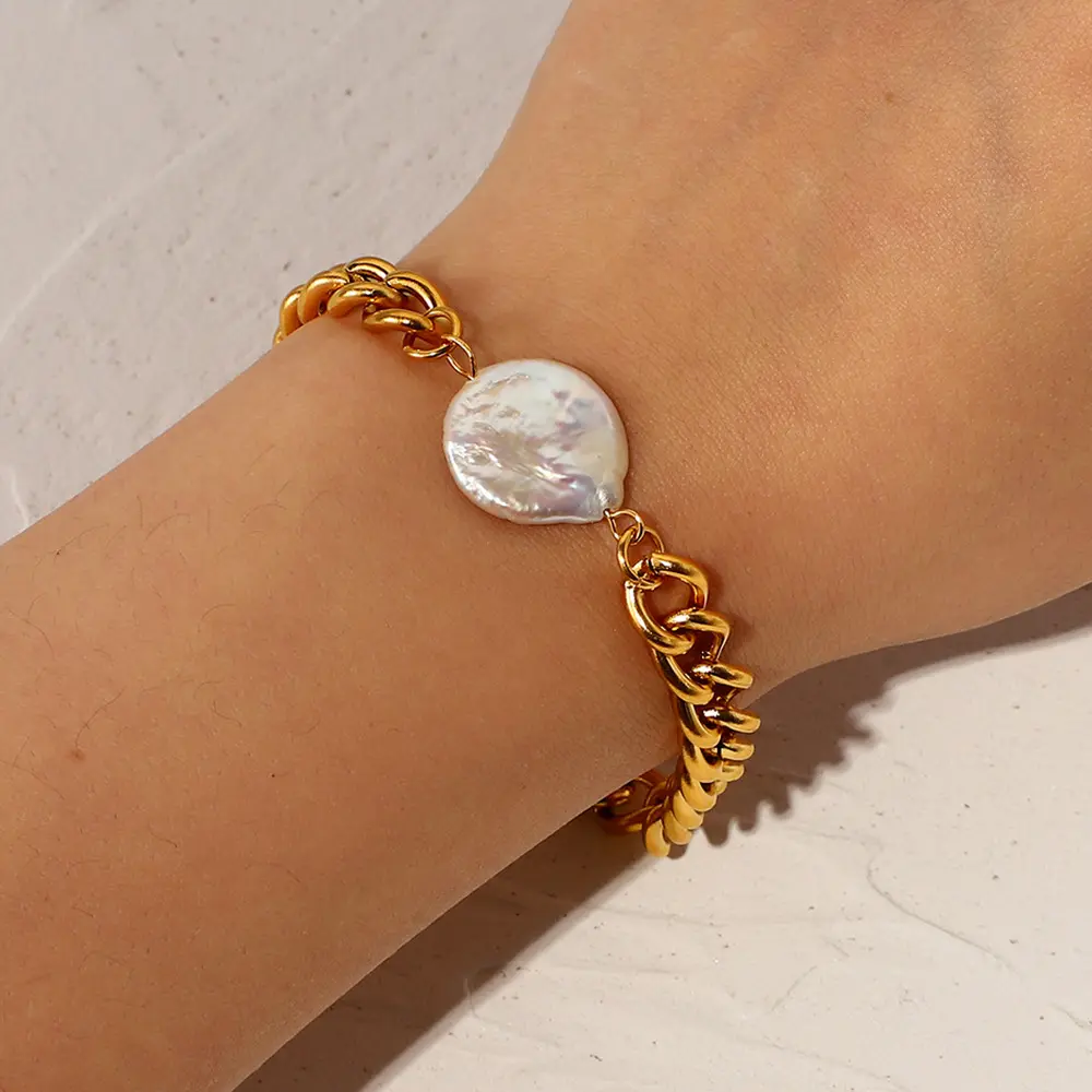 JoyEver-bracelet en chaîne cubaine plaqué or 18k, acier inoxydable étanche, non terni, perle baroque, bracelet de déclaration de chaîne