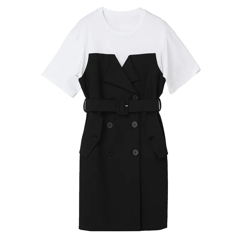 Vestido de verano de alta calidad para mujer, traje francés de cintura elegante con diseño de costuras de Color contrastante blanco y negro, 2023