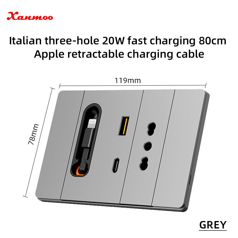 Enchufe italiano con cable de carga Apple de 20W de carga rápida.