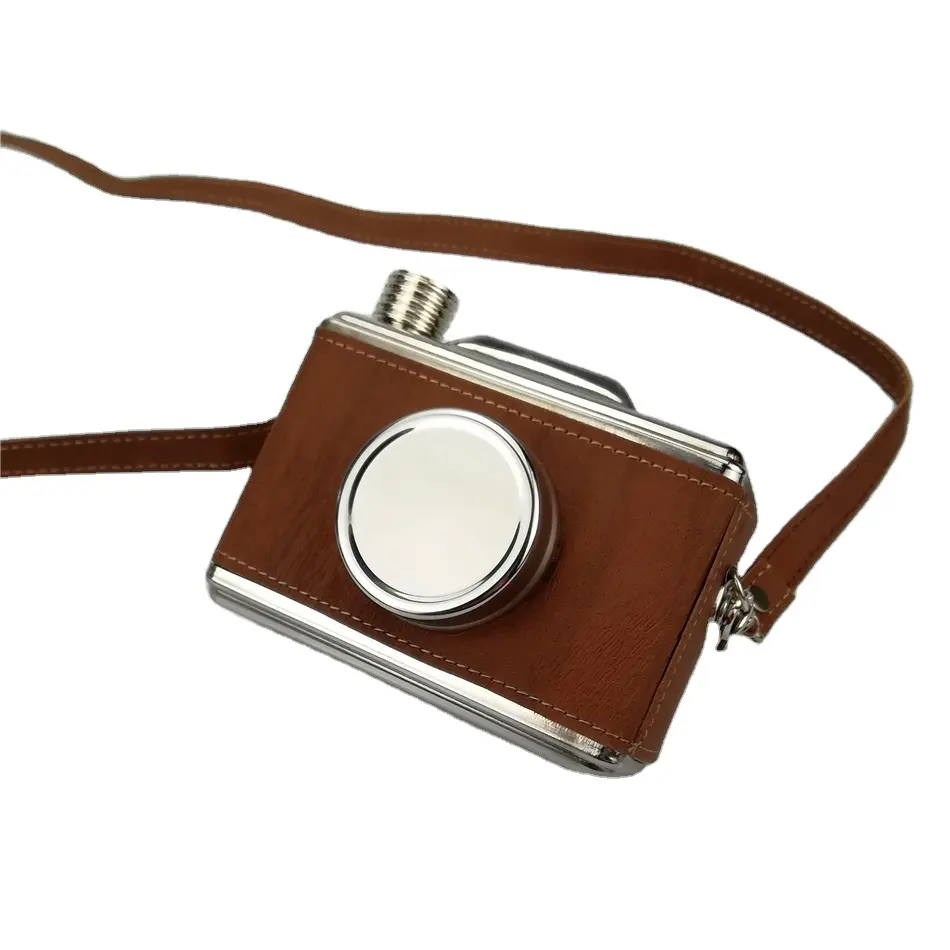 camera shape 11 oz Food safe Stainless Steel Hip Flask with wooden leather wrapped Alcohol Liquor Whiskey