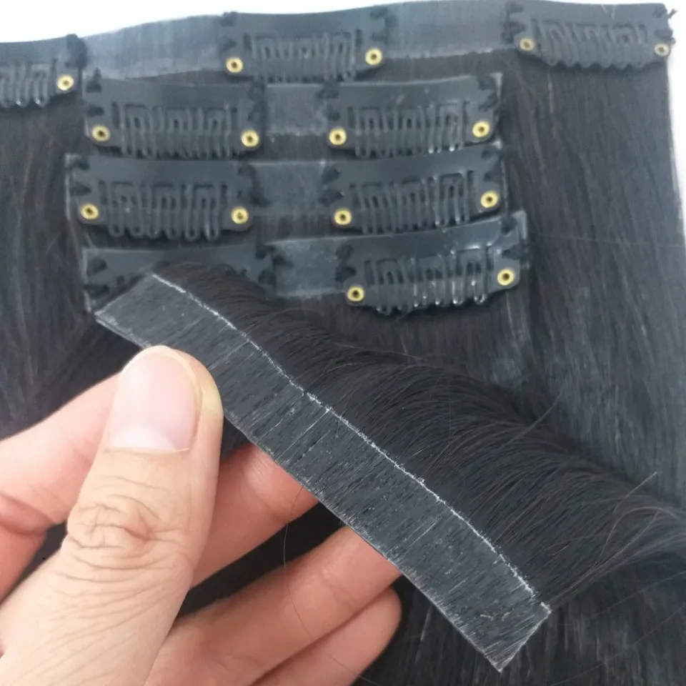 PU Clip In Set Echthaar verlängerungen 100% Virgin Raw Hair Cuticle Alinged Natural Black Farbe Gute Qualität