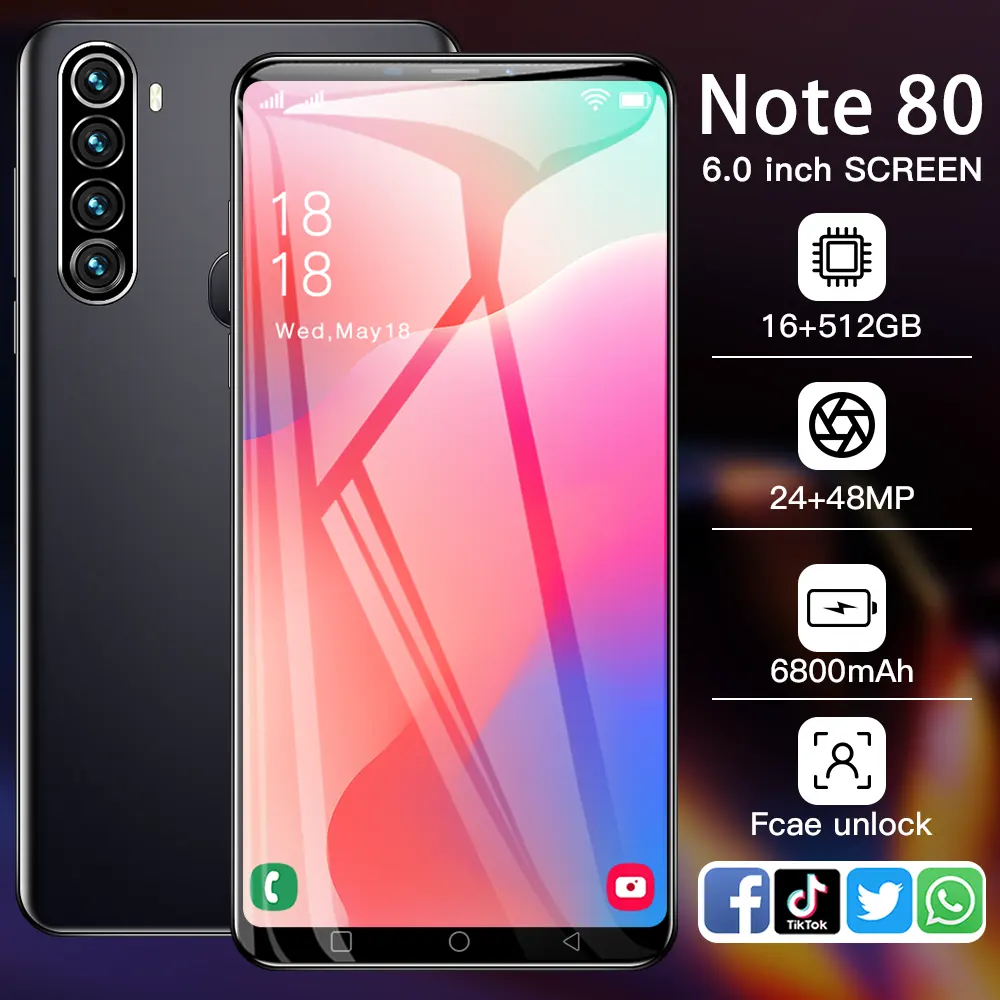 هاتف ذكي Medome 5G جديد تمامًا من Amsung Galaxy Note 80 الأصلي هاتف محمول بنظام أندرويد بشاشة مقاس 6.0 بوصة وذاكرة 16 جيجابايت و512 جيجابايت هاتف خلوي بسعر منخفض