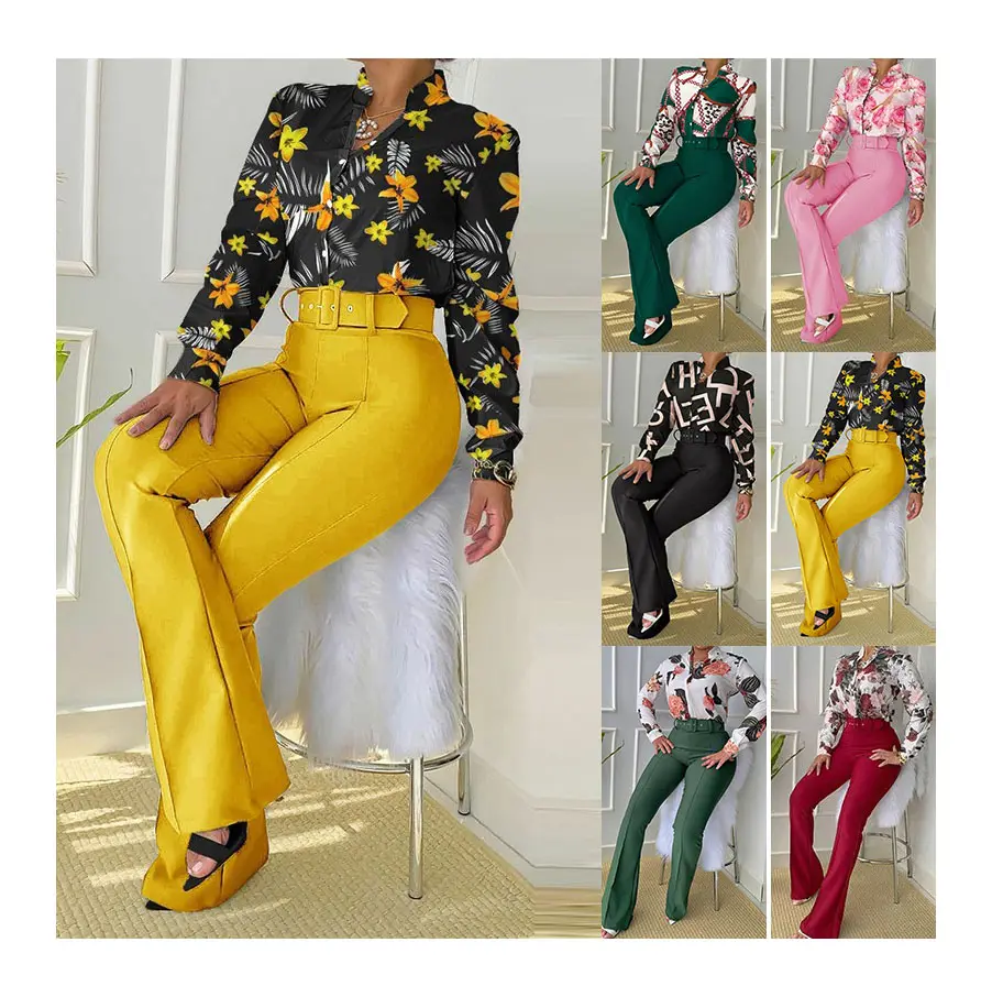 Último diseño elegante clásico Formal de dos piezas pantalones de negocios conjunto de mujer de manga larga camisa y pantalones de mujer traje de negocios