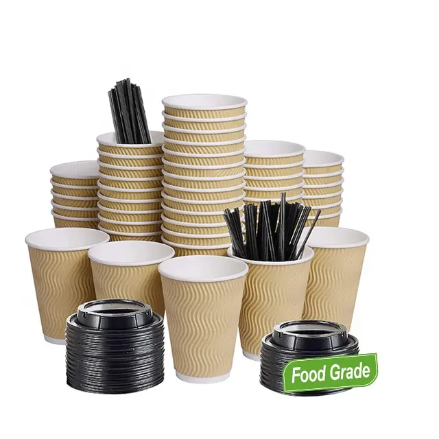 Кофейная чашка с волнистыми стенками из крафтовой бумаги, 8 унций, 12 унций, 16 унций, одноразовые бумажные чашки с крышками для чаепития, магазина семейных праздников