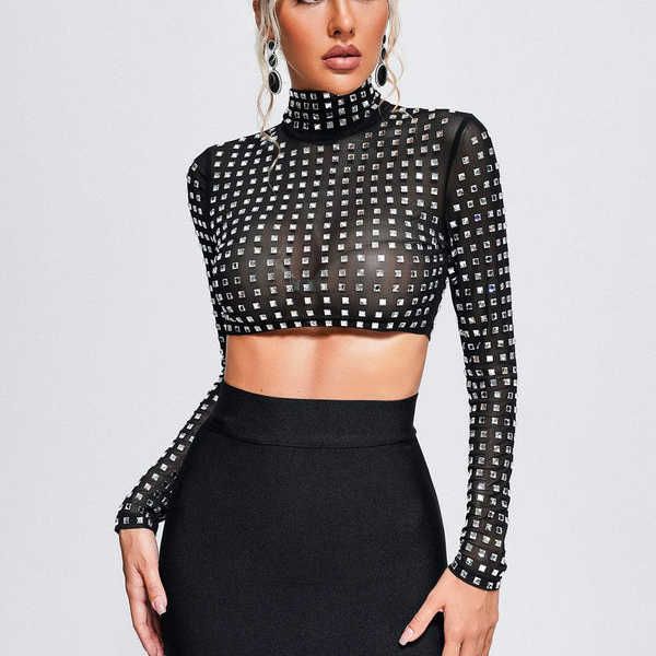 Ocstrade Luxury Black Punk Turtle Neck Women Top Black Long Sleeved Personalized Street Zipper Patch Top Diamond Top Shirt
