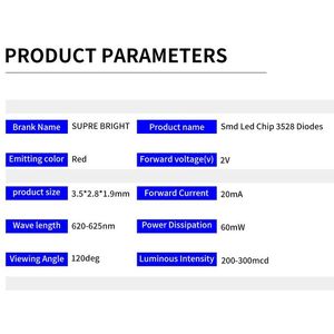 ชิป LED 0.06W ข้อมูลจำเพาะของ3528 SMD สีแดง - Product Image 2