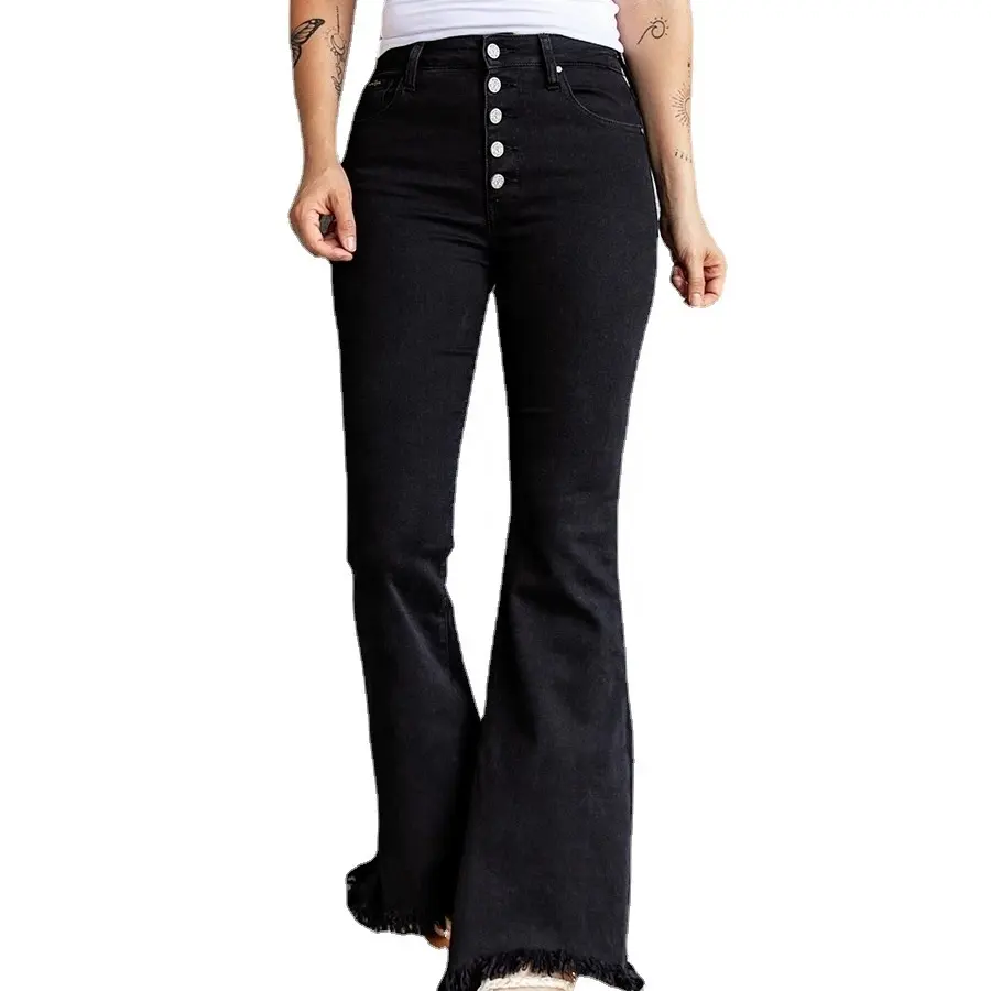 Calças jeans femininas calças jeans com fundos queimados e abas pretas podem ser usadas durante todo o ano para senhoras
