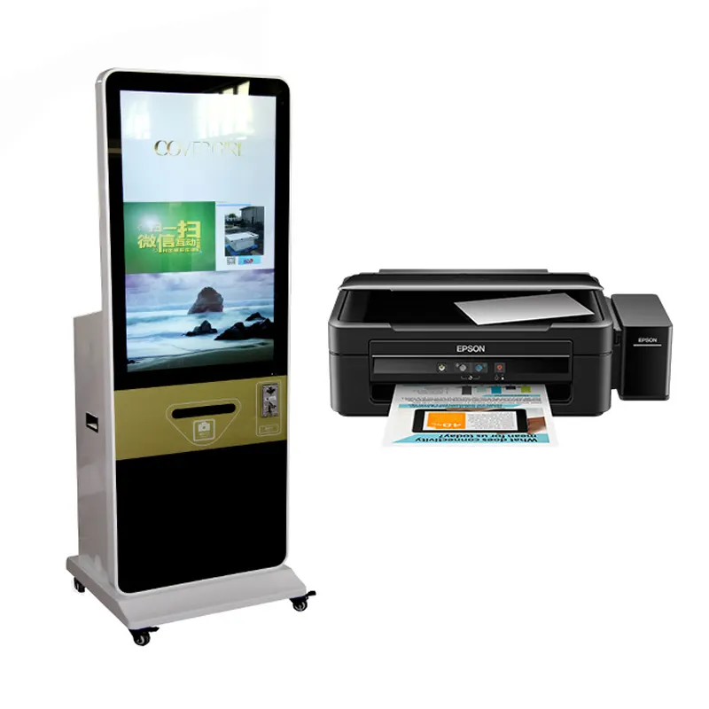Photo printing kiosk with 43 inch floor standing digital signage kiosk advertising player