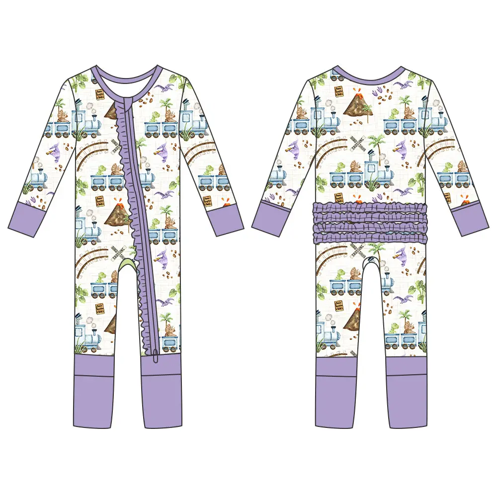 Custom Print Organic Viscose Bamboo Fabric Baby Pajamas Newborn Baby Romper Infant Toddler Girls Ruffle Zipper Sleeper Clothes