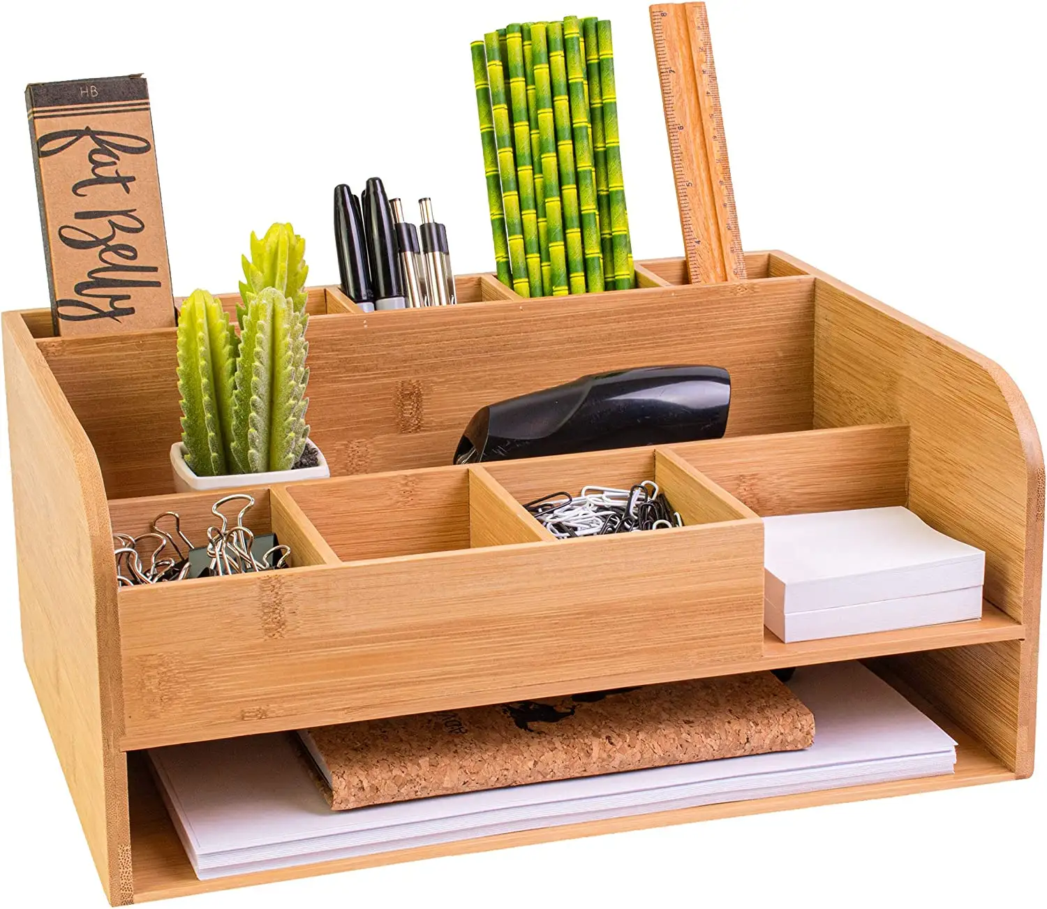 Organizer Meja Kayu Bambu dengan Pengatur Berkas untuk Penyimpanan Perlengkapan Kantor Aksesori Meja Dekorasi Kantor untuk Organizer Meja