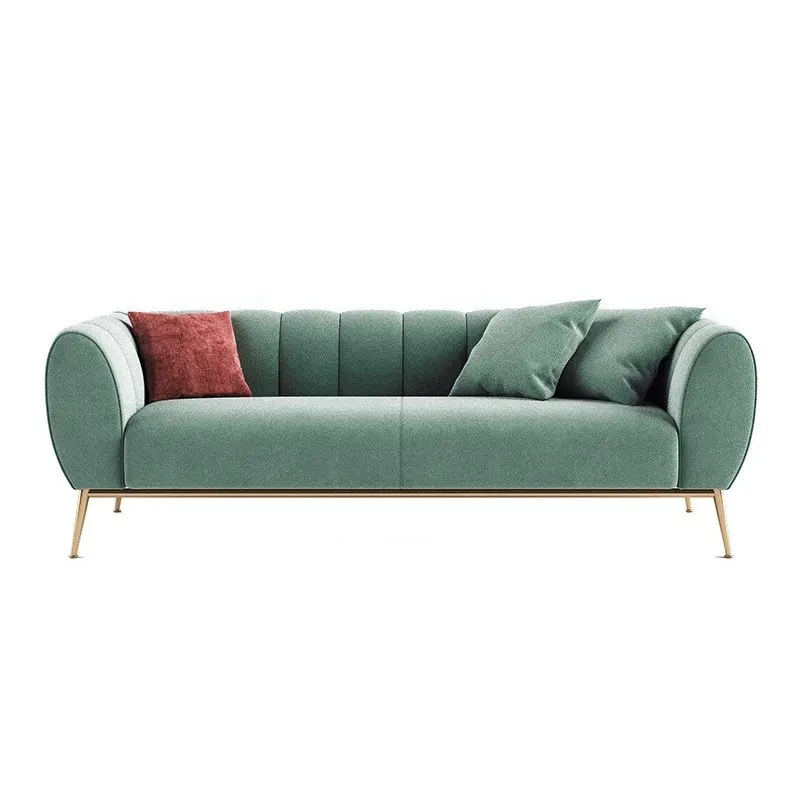 Modern Green Velvet Upholstered 3 Seater Vertical Channel Tufting Sofa Gold Stainless Steel Base