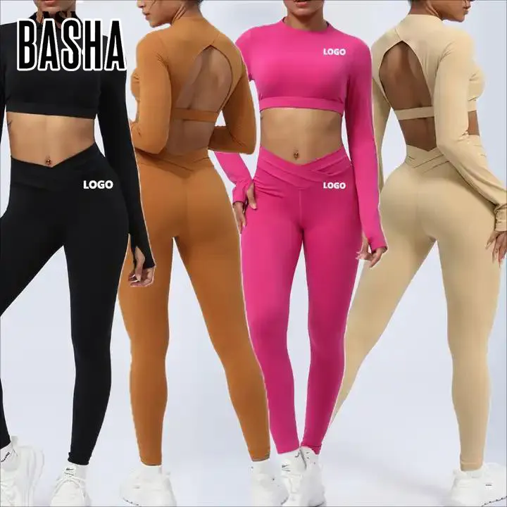 BASHAsports grosir pakaian kebugaran wanita Gym pakaian Kit setelan keringat Butt Lift wanita lengan panjang 2 potong set Yoga wanita legging