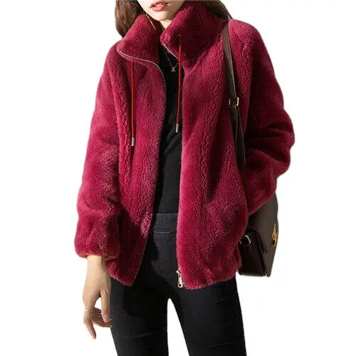 Casaco de lã feminino com gola alta, casaco de cor sólida com bolso grande, casaco quente de inverno para mulheres