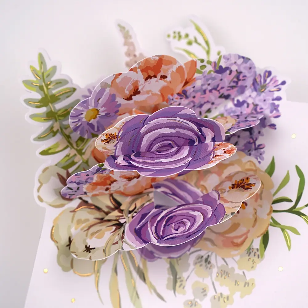 Nuevas tarjetas de felicitación de feliz cumpleaños emergentes de flores 3D de impresión personalizada única de gama alta creativa con fabricante de sobres