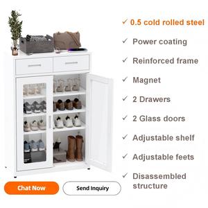 מתלה נעליים רזה לכניסה 2 דלתות זכוכית ארון נעליים מודרני ארון נעליים מודרני עם 2 מגירות שטח אחסון - Product Image 2