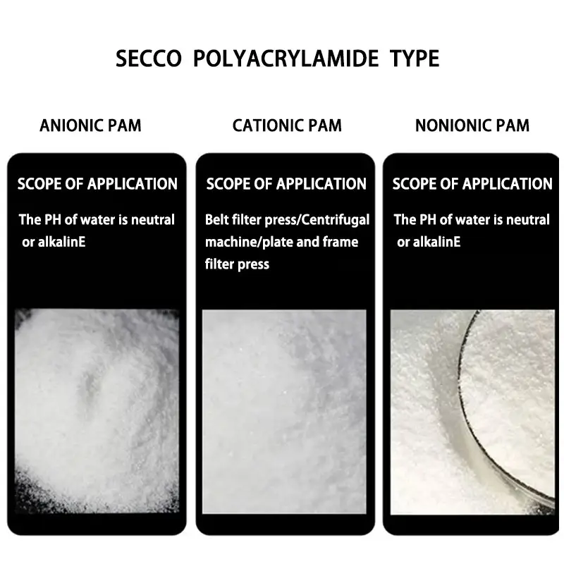 Secco aniónico catiónico poliacrilamida alta pureza Pam floculante polímero químico utilizado para la deshidratación de aguas residuales y lodos