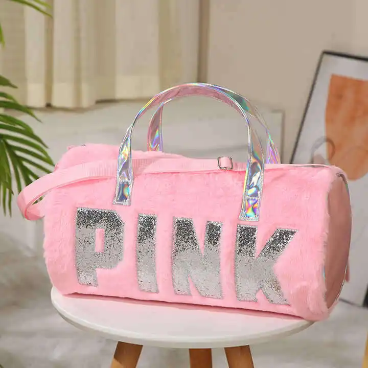 Fashion Hot Sale Custom Glitter Letter Kids Pink Duffle Bag Soft Plush Duffle Bags For Travel Outdoor Tote Bag Kids 2024