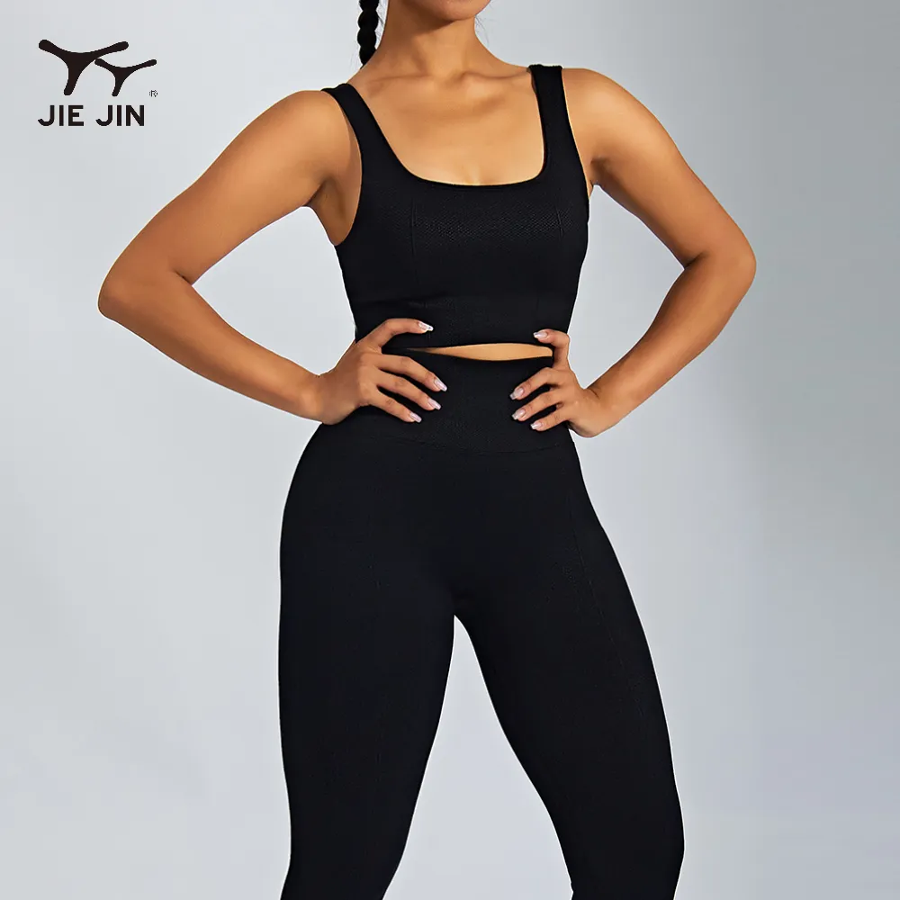 Jiejin Custom Vrouwen Actieve Kleding Gecomprimeerde Gebreide Geribbelde Naadloze Sexy Fitness Yoga Kleding Vrouwen Workout Sets