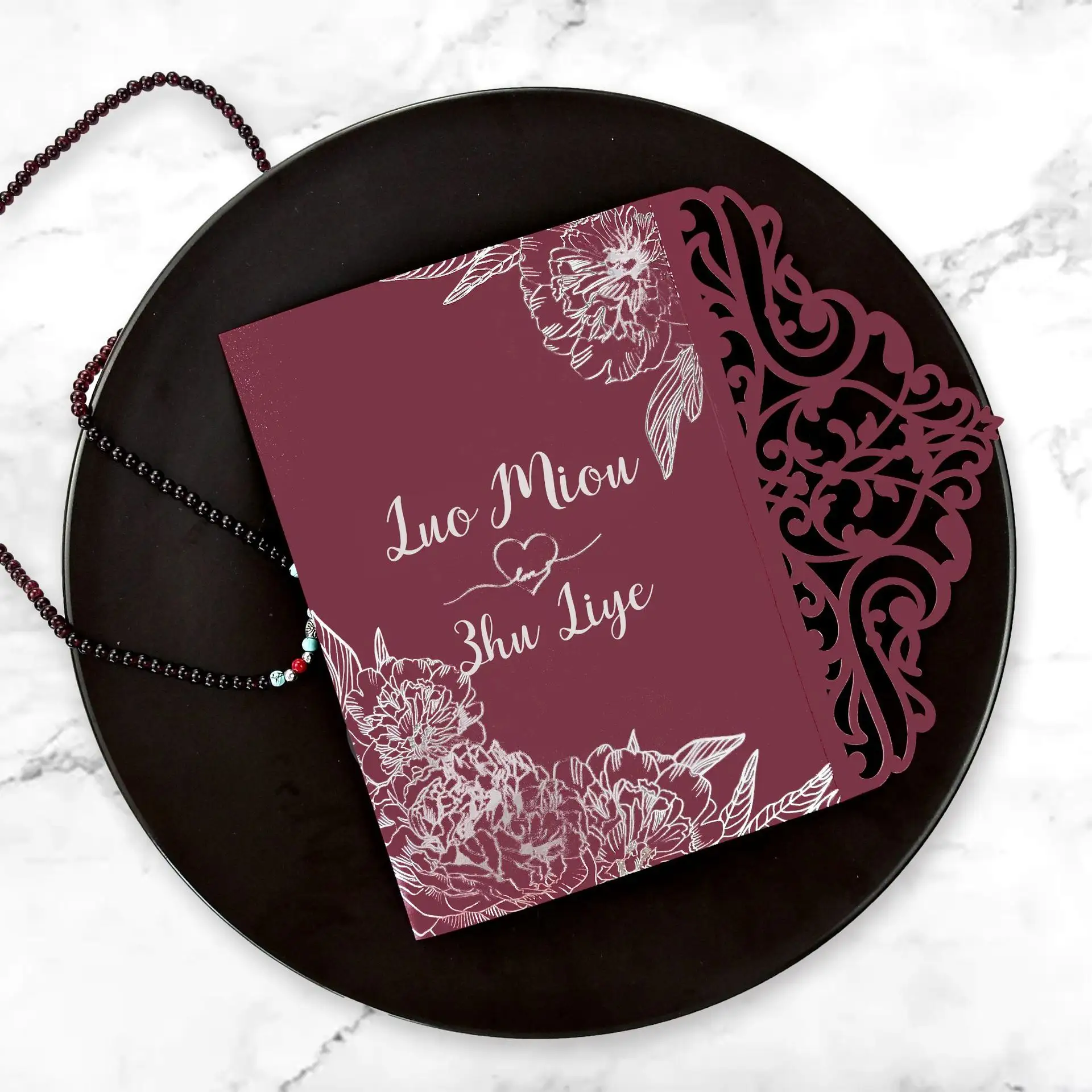 Tarjetas de Felicitación de boda para niña, sobre rojo oscuro de lujo para invitaciones de boda, estampado plateado, recuerdo de fiesta