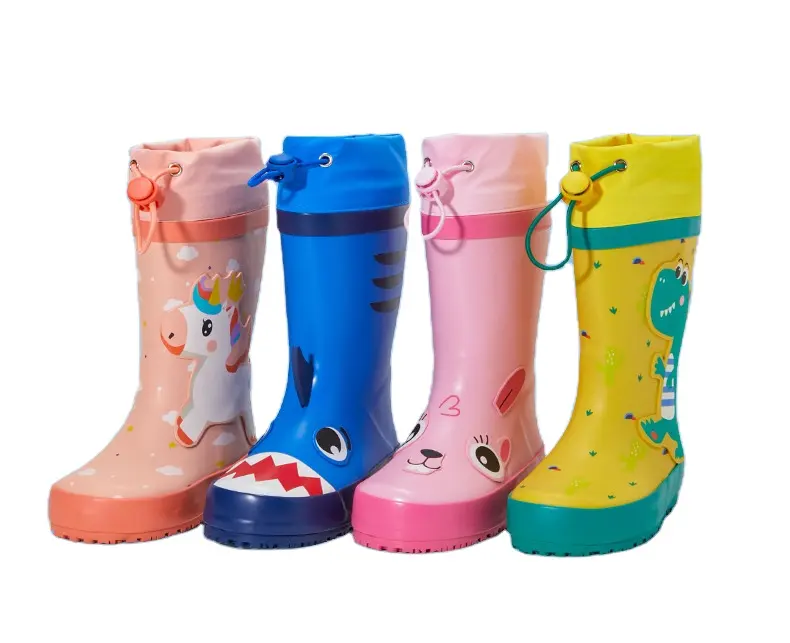 Botas de chuva de borracha para crianças com coleira de choque para crianças, calçados de borracha para crianças, com estampa 3D de desenho animado, com coleira de choque para crianças, atacado OEM