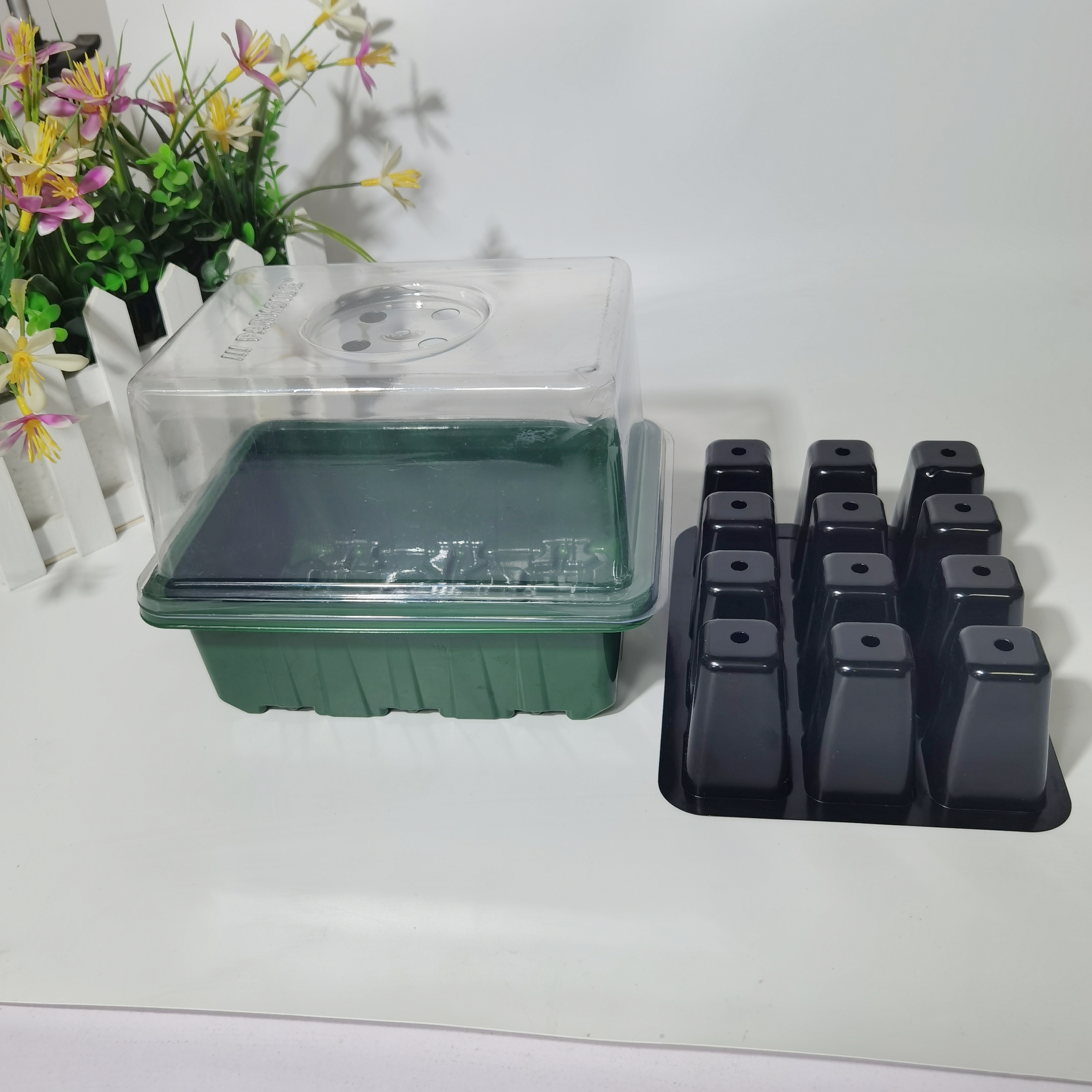 Couvercle transparent, noir 12 trous, base verte.