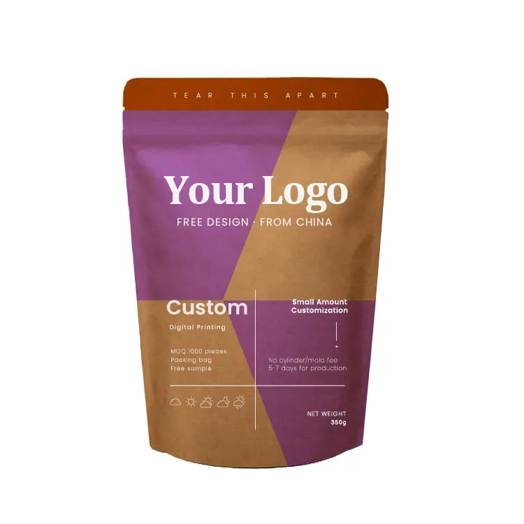 Wholesale resealable zipper stand up brown kraft paper coffee pouch tea bags packaging materials kraft paper bags
