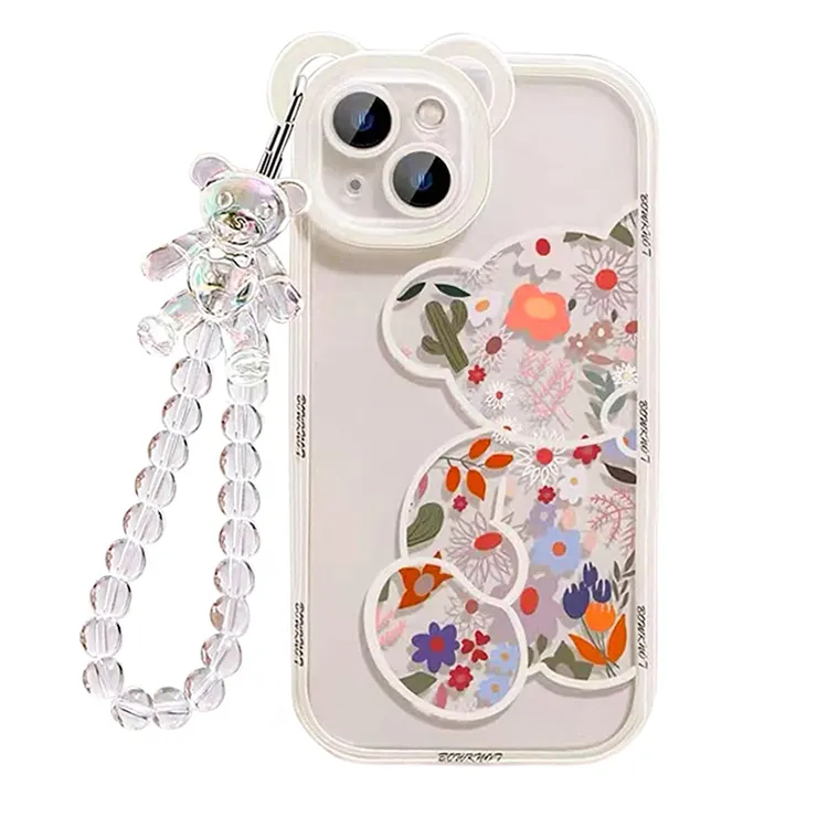 Cute Cartoon Floral Bear Soft Silicone Transparent Phone Case For iPhone 15 14 13 Pro Max