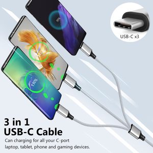 2025アップグレード充電USBCケーブル3in1高速シルバー充電コード、携帯電話タブレットと互換性のある3つのType-Cオスポート付き - Product Image 3