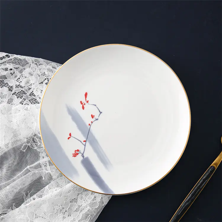 Vendita calda della decalcomania stampato plum blossom modello oro cerchio ristorante piatto da tavola in ceramica per il regalo