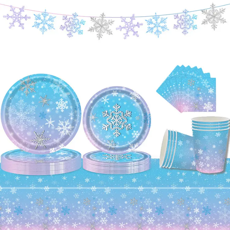 Wholesale Disposable Child Birthday Party Tableware Set Winter Snowflake Dessert Paper Plates and Beverage Napkins Frozen Party
