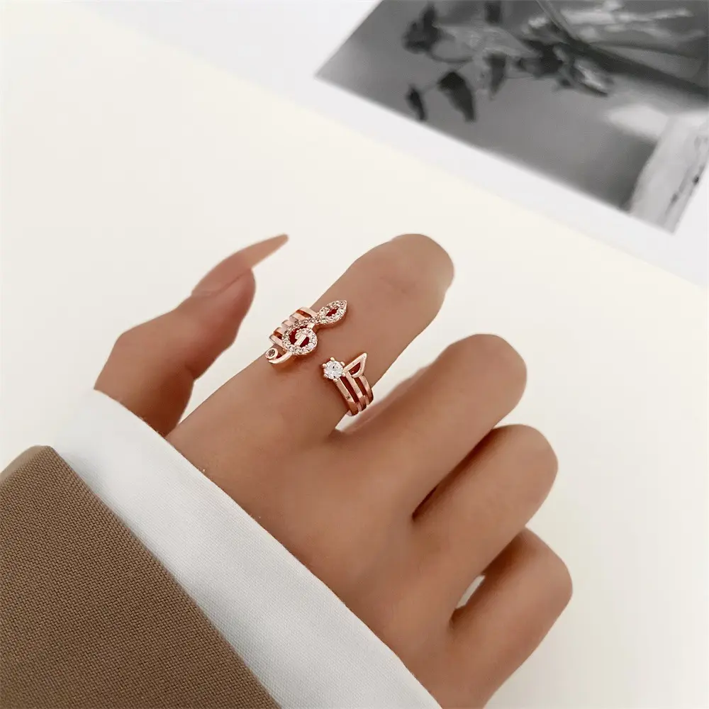 Fashion Micro-set Zircon Music Note Ring Trend Copper Open Rings for Women Finger Jewelry