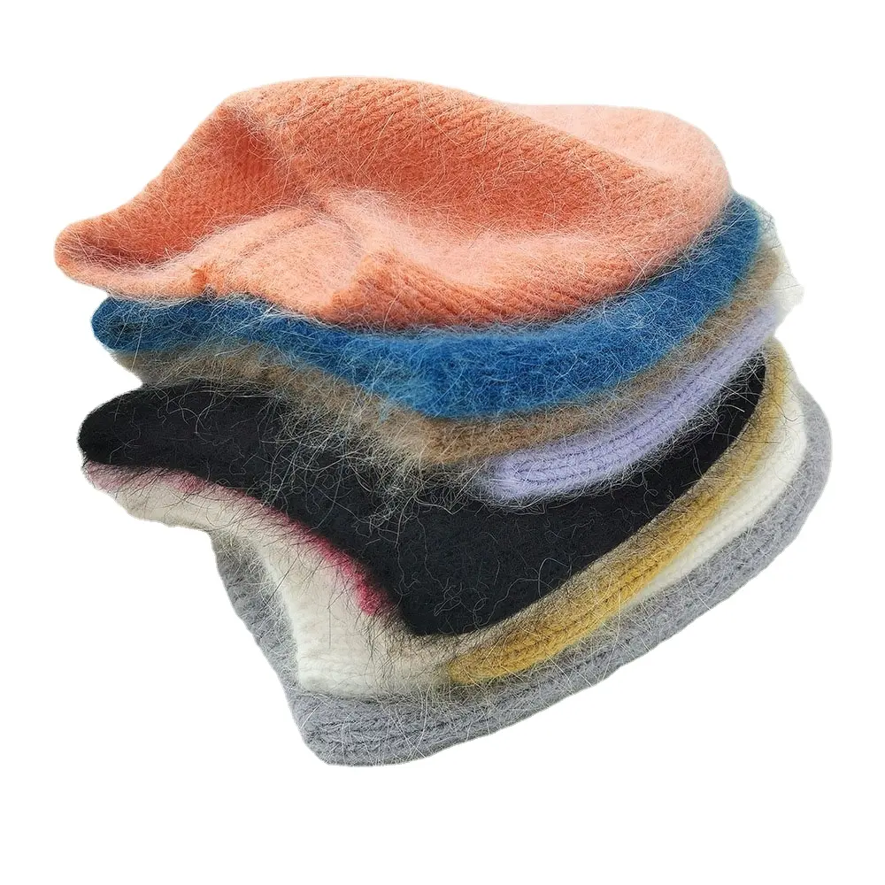 Personalizado única camada engrossado angorá coelho cabelo lã chapéu vintage versátil orelha proteção quente pilha malha chapéu frio