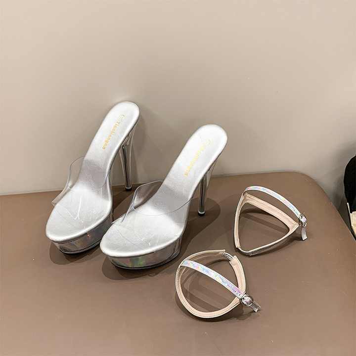Sandalias transparentes con punta abierta y correa en el tobillo para mujer, tacones finos a la moda con plataforma para Bodas de verano/invierno/otoño