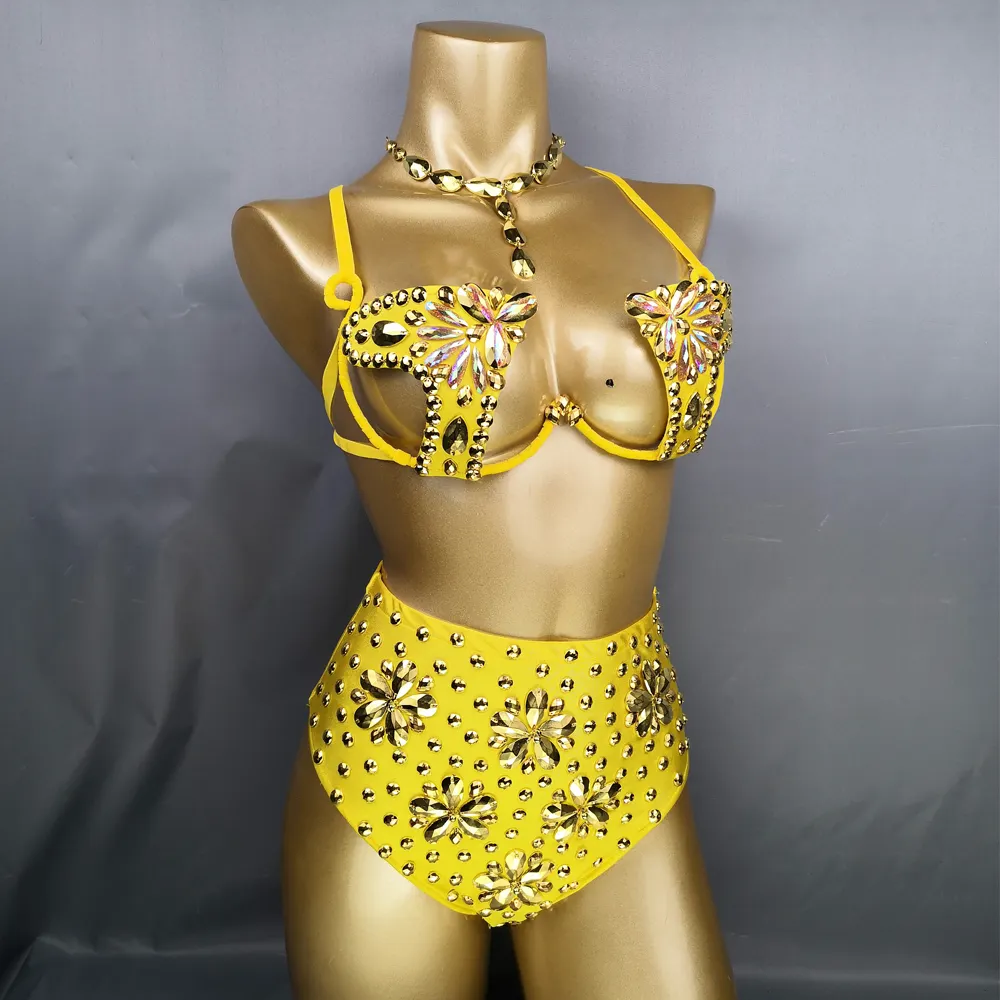 Disfraz de danza del vientre brillante para mujer, conjunto de Carnaval de Samba Sexy, sujetador de alambre dorado y pantalones, ropa de actuación, nuevo