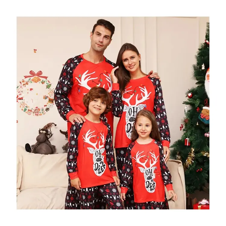 Vendita calda corrispondenza famiglia pigiama natalizio set alce camicia a maniche lunghe pantaloni Jammies pigiameria abiti genitore-figlio