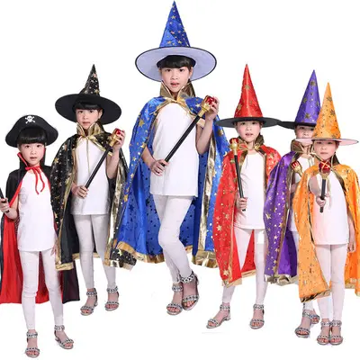 Cadılar bayramı kostümleri cadı sihirbazı pelerin pelerin elbise sivri şapka çocuklar için cadılar bayramı sahne seti Cosplay doğum günü parti malzemeleri