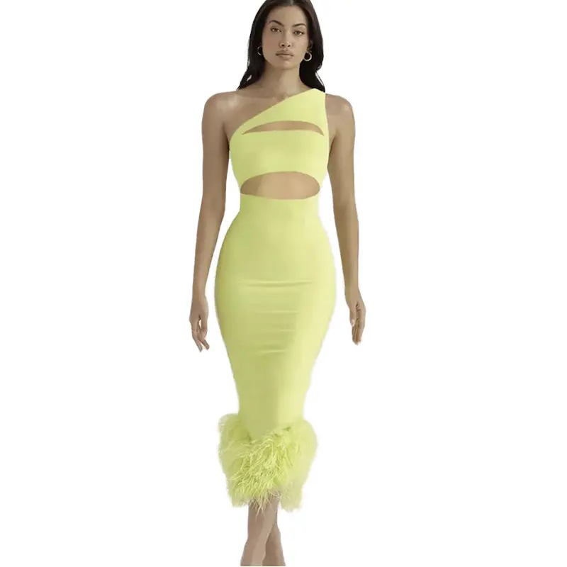 2024 Yellow Feather One Shoulder Bandage Dress Strapless Elegent Y2K Washable Slim Elastic Cocktail Club Dress Date