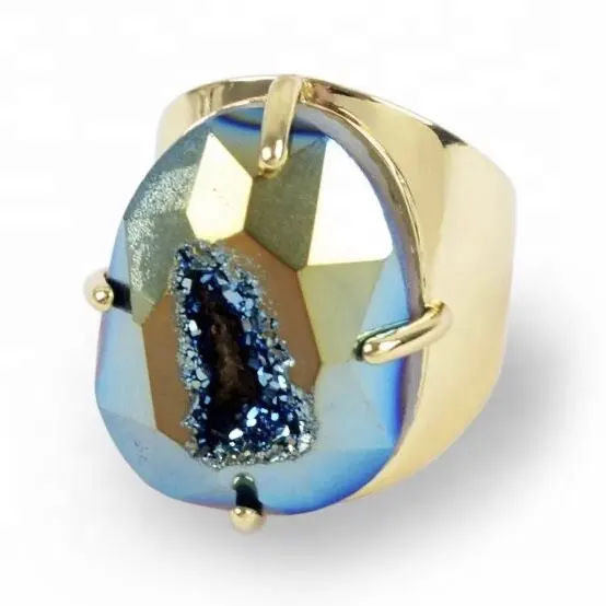 LS-A748 Commercio All'ingrosso Forma di Uovo di Colore Dell'oro Artiglio Titanio Sfaccettato Druzy Anello, Arcobaleno Drusy Anello Gemme di Gioielli per Le Donne