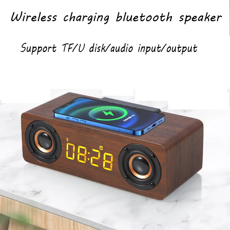 Bt5.0 Mini Draagbare Stereo Hout Speakers Woofer Wekker 2 In 1 Draadloze Oplader Speaker