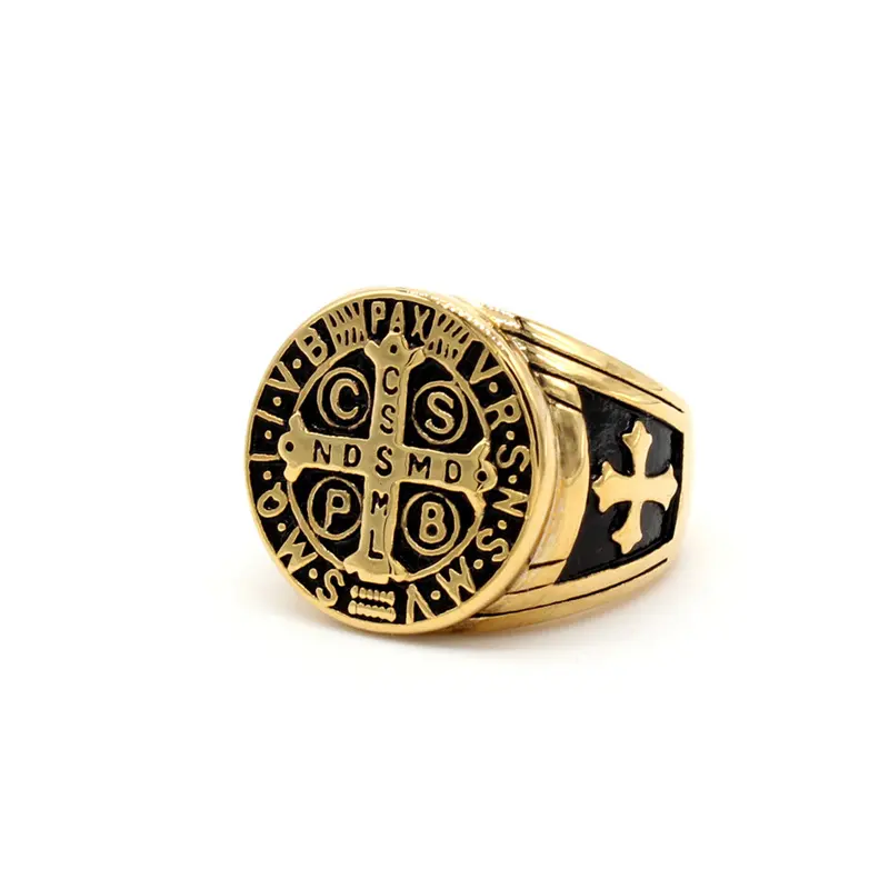 Anel de prata preto para homens, aço inoxidável preto dourado personalizado, religioso católico para homens, cruz cristão, anel de oração