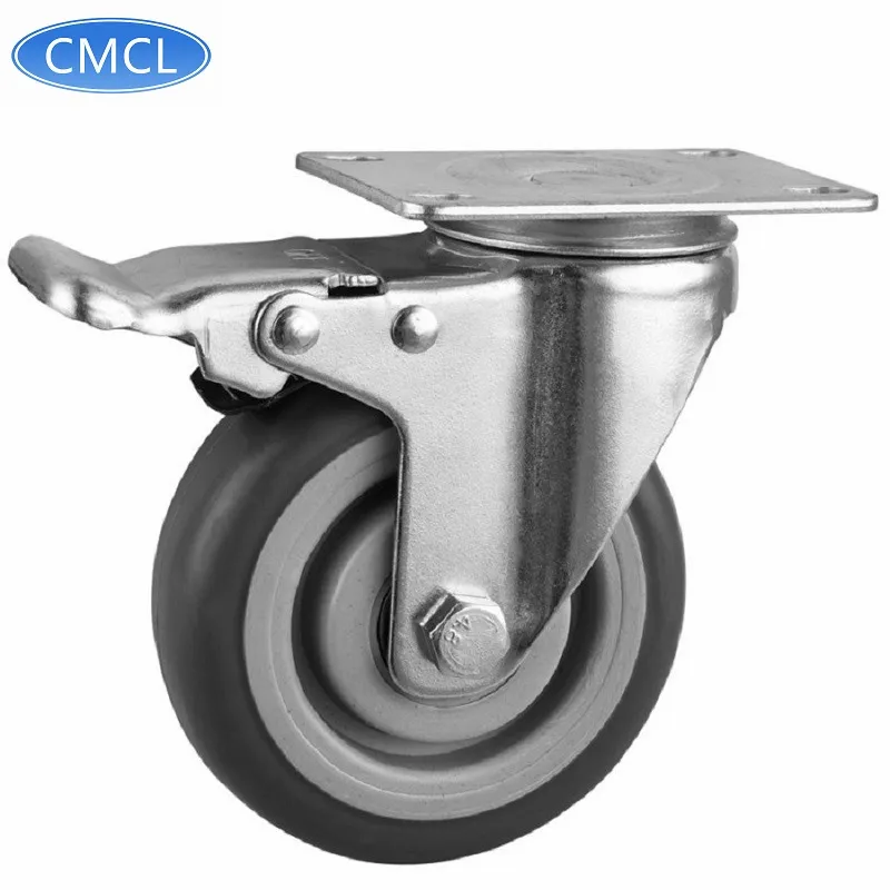 CMCL 산업용 100x32 MM 캐스터 휠 TPR 브레이크 캐스터 4 인치 소프트 그레이 TPR 고무 캐스터