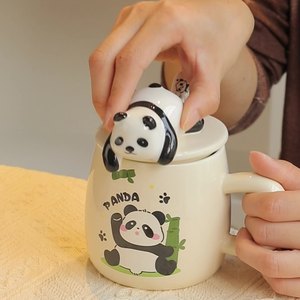 NEWELL sevimli karikatür üç boyutlu Panda seramik kapaklı kupa kaşık Ins büyük kapasiteli içme fincan - Product Image 1