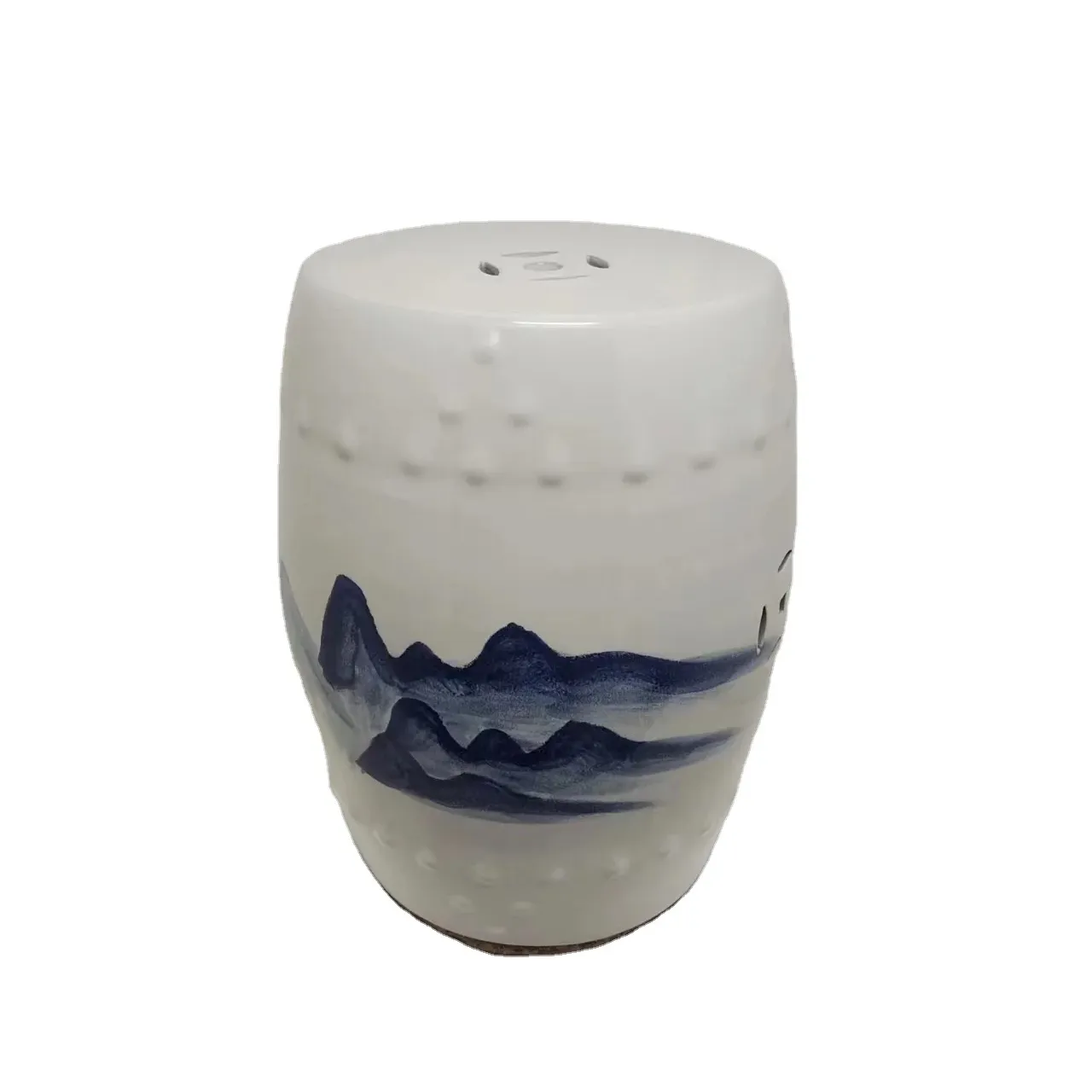 Chinese hand-painted blue and white landscape ceramic drum stool