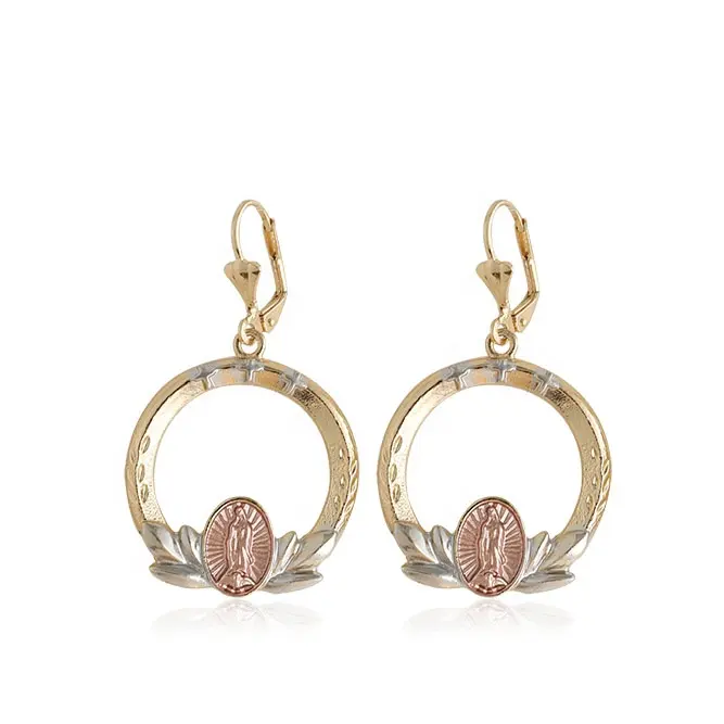 Boucles d'oreilles rondes en or Rose avec vierge pour femme, bijoux féminins circulaires en forme De cercle, De haute qualité, 21524