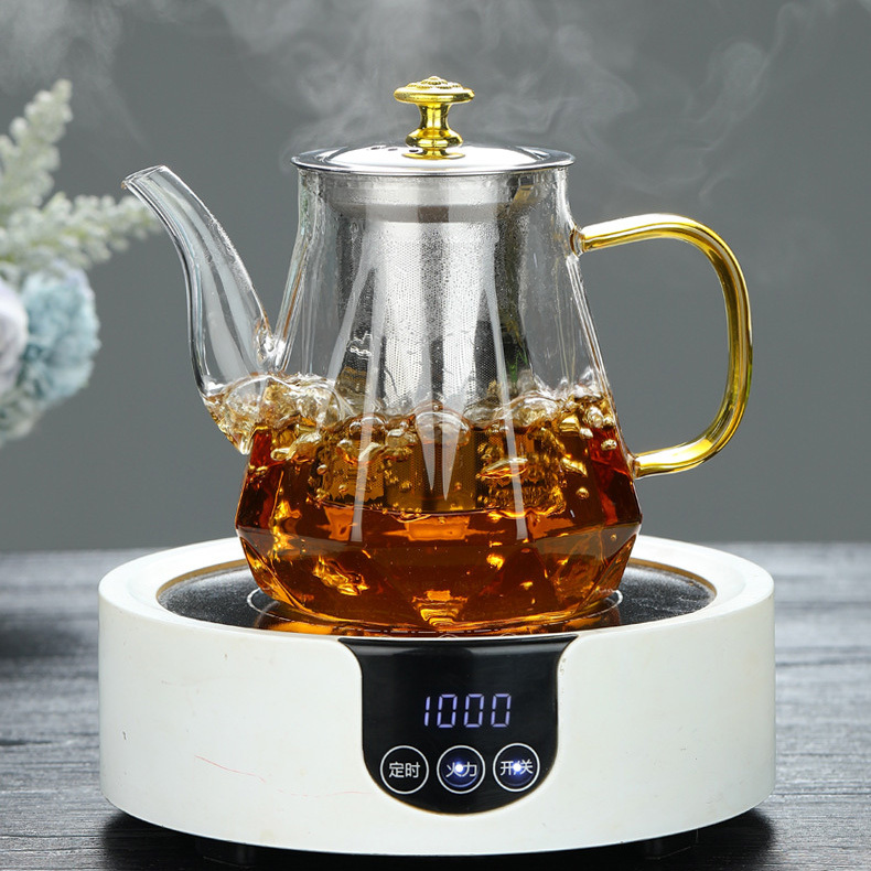 37Years Factory Diamond Style High Borosilicate Open Fire Stove Safe Glass Tea Pot With SUS 304  Infuser 600ml/800ml/1000ml