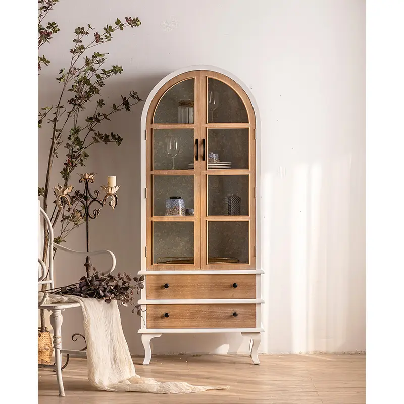 خزانة منزلية تصميم قديم فرنسي خزانة خشبية بإطار وقوس زجاجي خزانة جانبية بلوط لغرفة المعيشة