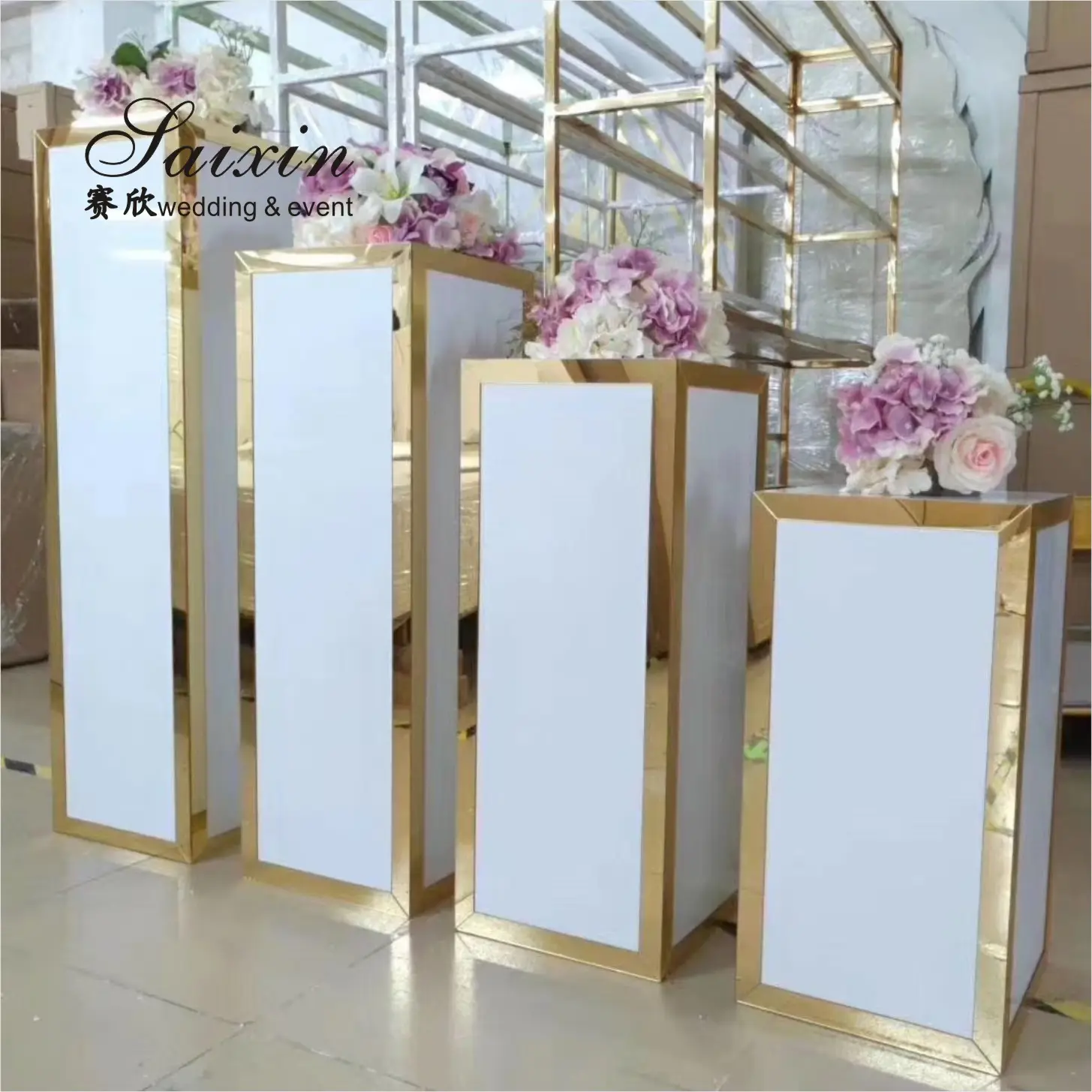 Colonnes rondes pour décoration de mariage en acrylique, 2 pièces, décor doré blanc, colonne dorée